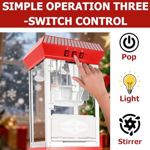 Image of Commercial Popcorn Machine with Cart - 12-Ounce Kettle Popcorn Makers with Heating, 3-Switch Control,Large Capacity for Home Party, Movie Theath, Office, Schools, Carnival, Christmas, Red