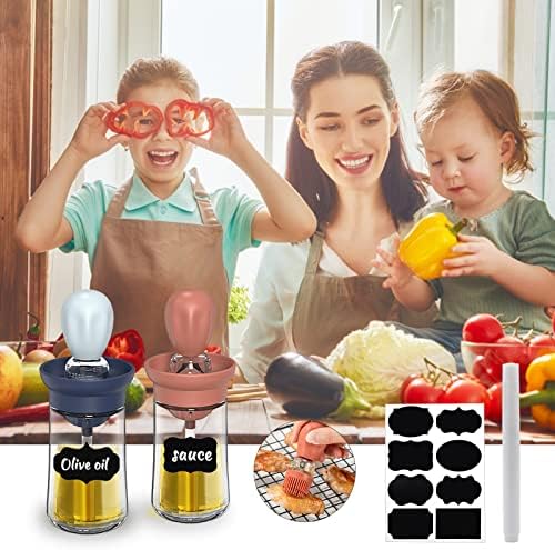 2PCS Oil Dispenser Bottle and Silicone Brush 2 in 1, Silicone Dropper Measuring Oil Dispenser Bottle for Kitchen Cooking, Frying, Baking, Vinegar Turkey BBQ Grill Frying BakingOrange + Blue