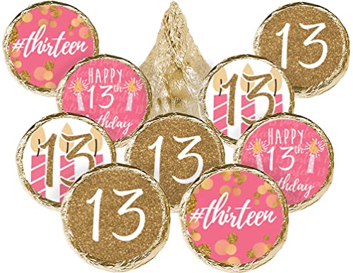13th Birthday Party Favor Chocolate Kisses Candy Stickers, Pink and Gold Birthday Decorations for Girls - 180 Count