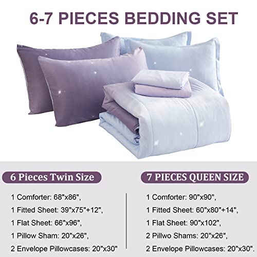 Image of Dinjoy Girls Comforter Set Full Size Colorful Ombre Purple Rainbow Bedding Set Bed in A Bag for Kid Teen Girls 7 Pieces (1 Comforter, 1 Flat Sheet, 1 Fitted Sheet, 2 Pillow Shams, 2 Pillowcases)