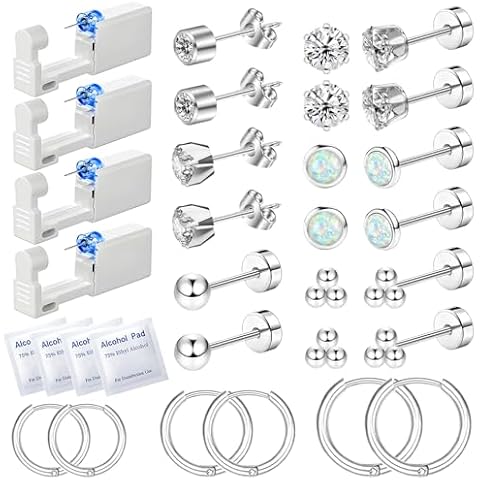 Nunpag 26 Pcs Ear Piercing Kit Ear Disposable Piercing Gun Kit Includes 4 Pcs Self Piercing Gun 18 Pcs Cubic Zirconia Earrings Stud Hoop Earrings 4 Alcohol Pads Easy-to-Use Ear Piercer Kit Tool Silver Cover