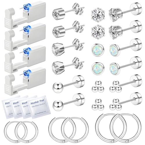 Nunpag 26 Pcs Ear Piercing Kit Ear Disposable Piercing Gun Kit Includes 4 Pcs Self Piercing Gun 18 Pcs Cubic Zirconia Earrings Stud Hoop Earrings 4 Cleaning Pads Ear Piercer Kit Tool Silver