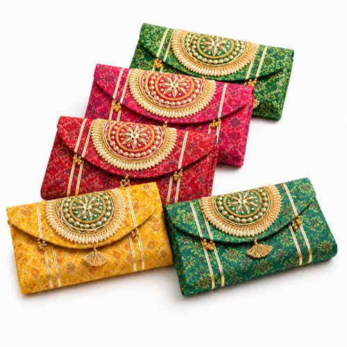 Image of Jaipur Ace Women Ethnic Embroidered Clutch Bag with Golden Handwork & Tassel | Traditional Wedding Party & Festive Shagun Purse |Return Gift Clutch Set (Pack of 5)