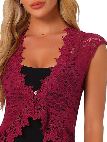 Image of Allegra K Lace Shrug Bolero for Women's Wedding Guest Cap Sleeve Sheer Floral Cardigan