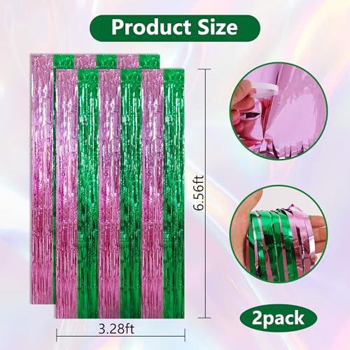 Image of BEISHIDA Pink Green Door Streamers Backdrop Foil Fringe Tinsel Party Streamers Curtains Photo Backdrop for Birthday Graduation Wicked Party Decoations