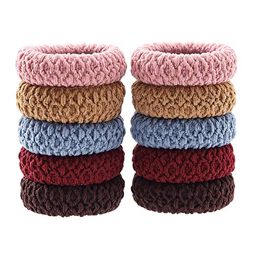 Elastic Hair Bands Thick Hair Ties No Crease Ponytail Holders Stretch Hair Ropes for Women Ladies, Brown Red Blue Pink Khaki (10 PCS)