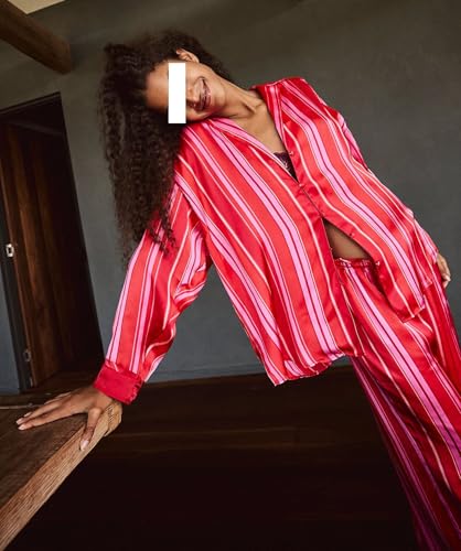 Image of Women Floral Satin Pajamas Long Sleeve Button Shirt Silk Wide Leg Pants Set