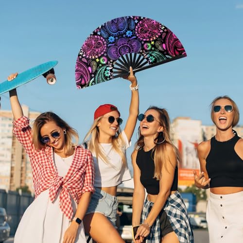 Image of FairySandy Large Rave Fan UV Glow Clack Summer Hand Fan with Thigh Holster for Women Carnival Party Supplies for Carnival Edm Music Festival Club Accessories(Paisley,Purple)