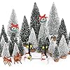 Waipfaru Christmas Village Accessories 30 Pcs Christmas Village Display Platforms with Snowman Mini Bottle Brush Christmas Trees Miniature Small Pine Trees for Xmas Table Winter Decor