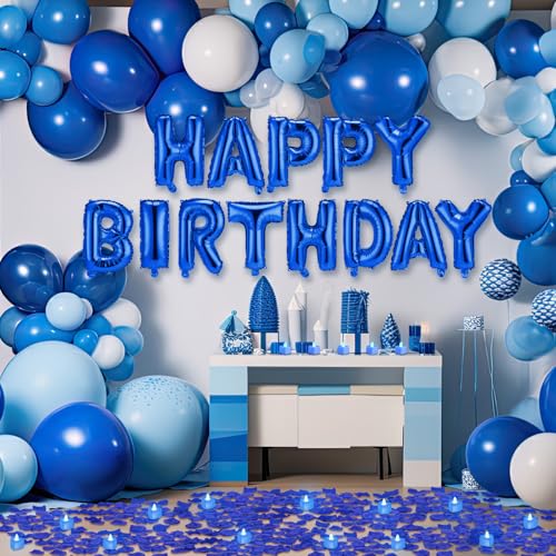 Image of Blue Happy Birthday Balloons Decorations Happy Birthday Letter Balloons Banner Set with 24pcs Heart Flameless LED Candles and 2000pcs Artificial Rose Petals for Women Men Room Party Decor