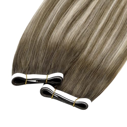 Image of LaaVoo Tape in Weft Extensions Light Brown Ombre Tape in Hair Extensions Human Hair 50G Genius Tape Hair Extensions Brown to Light Brown with Platinum Blonde 20inch