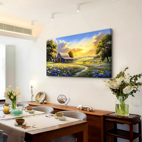 crmotu Rustic Nature Landscape Wall Art, Animal Cow Cottage Large Artwork, Country Meadow Wildflower Canvas Prints, Farm Sunset Aesthetic Pictures Wall Decor Living Room Bedroom Farmhouse 24X48 In