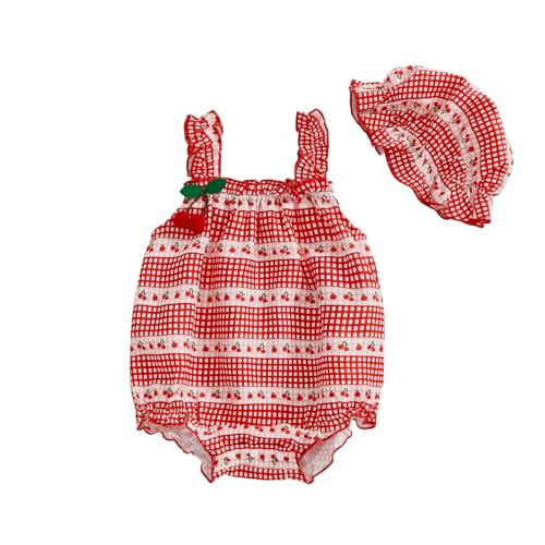 Image of Emmababy Baby Girl Cherry Outfit Romper Sleeveless Ruffle Strap Cherry Dress Infant Newborn Plaid Bodysuit Summer Clothes