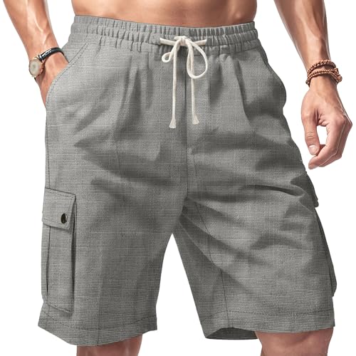 Men's Elastic Waist Comfort Outdoor Cargo Short Casual Cotton Linen Beach Shorts Drawstring Solid Work Summer Shorts (Grey,X-Large)