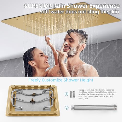 Sistema de ducha tipo cascada en dorado cepillado 3 en 1 con función múltiple, cabezal de ducha de lluvia 16 x 24 pulgadas, grifería termostática de 5 vías con válvula y ducha de mano con 6 jets para todo el cuerpo miniatura 4