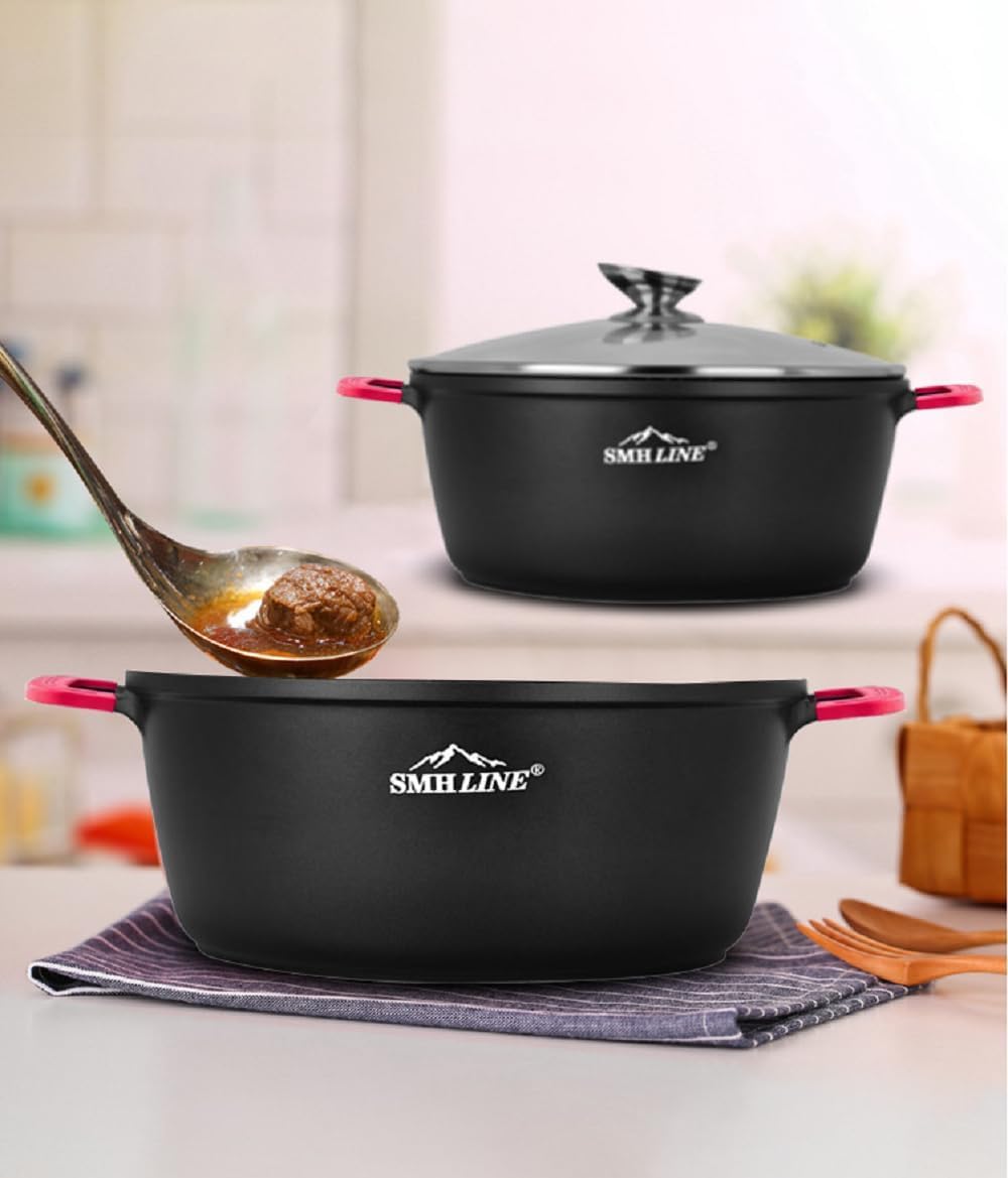 SMHLINE® - Set di pentole in alluminio pressofuso per induzione, diametro da 24 a 32 cm, con coperchio in vetro, antiaderenti, adatte per tutti i tipi di fornelli (set di pentole con utensile da