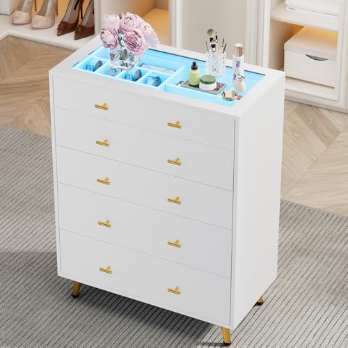 JanflyHome 5 Drawer Dresser for Bedroom, 30.7' W x 38' H Tall Tempered Glass Top Dresser with LED...