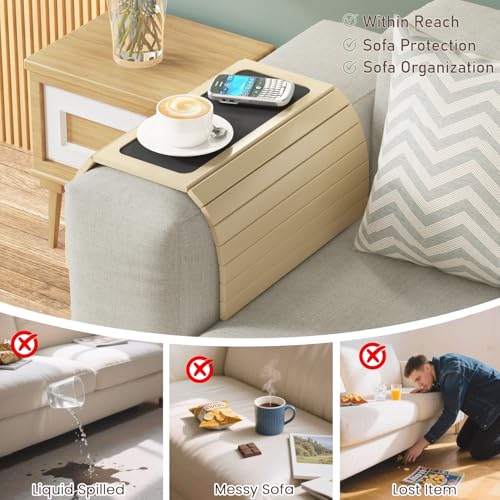 Image of Home Sparkle Wooden Couch Armrest Tray Table | Adjustable Foldable Sofa Arm Tray with Cup Holder | Serving Tray Organizer for Snacks, Tea, Coffee, Phone & Remote | Fits Most Sofas & Recliners