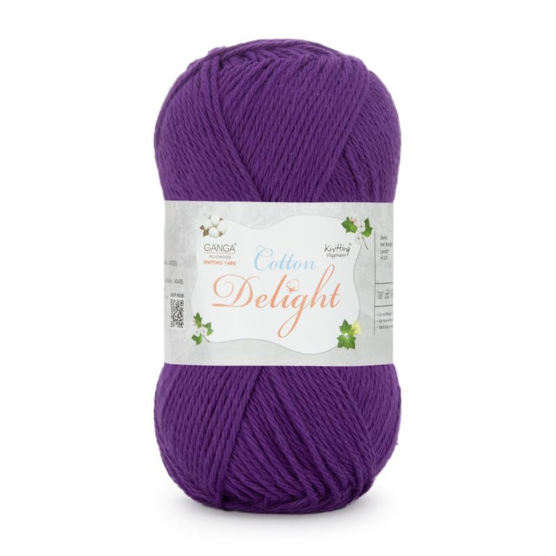 Image of Ganga Acrowools Cotton Delight, Dk Weight Cotton Yarn, Oekotex Class L Certified 100G, 169M, Pack of 1 Ball - 100gm Each, Shade No. - COD072 Deep Purple