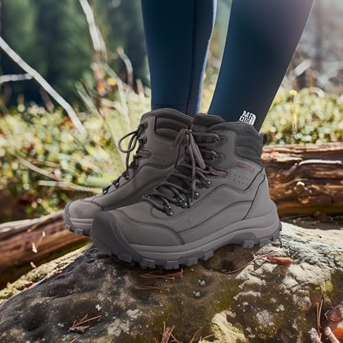 Image of NORTIV 8 Waterproof Women's Hiking Boots | Genuine leather hiking boots with shock-absorbing EVA arch support, anti-slip rubber outsoles, and durable toe protection