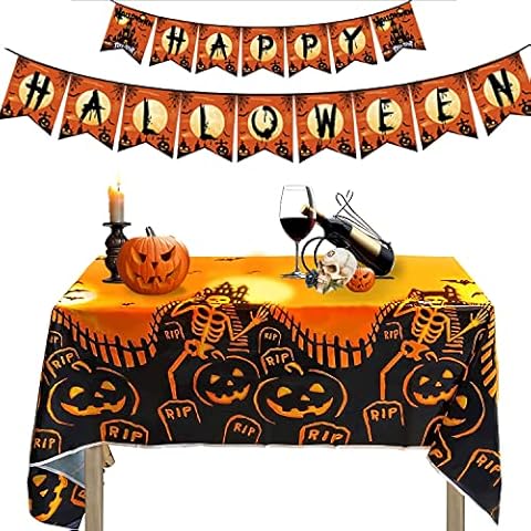 BOJLY Halloween Tablecloth Decoration, 136 x 272 cm Tablecloth Halloween Supplies Set, Scary Pumpkin Table Decoration and Banner for Halloween Party Decoration Set Home Table Garden Door Bedroom Cover