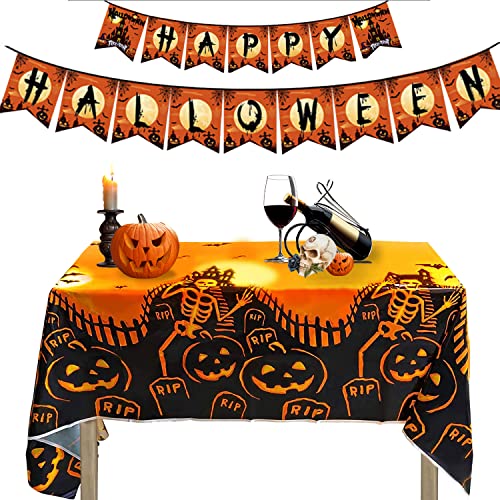 BOJLY Bannière de Nappe d'horreur d'halloween, 136 x 272cm Nappe Pliable Imperméable Rectangulaire Bannière Décorative Convient pour la Décoration Intérieure et Extérieure de la Fête des Fantômes Cover