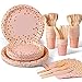 Nkaiso Partygeschirr, 140 Stück Rosagoldfolie-Punkte-Partybedarf-Partygeschirr, Geschirr Set-Party Pappbecher-Teller-Servietten-Besteck für Geburtstag, Hochzeit, Jubiläumsdekoration (20 Gäste)