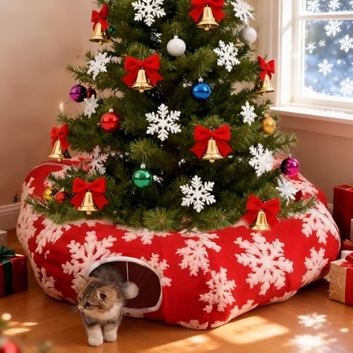 LoopTime Cat Tunnel Christmas Tree Skirt Christmas Tree Cat Tunnel for Indoor Cats Cat Tunnels Tree Skirt Soft Peekaboo Hideway Bed Cave Donut Toys Circle Tunnels for Kittens & Large Cats (Red)