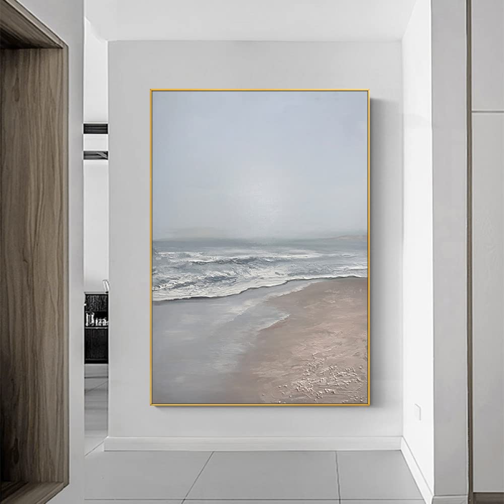 Peinture à l'huile paysage de plage gris chaud pour un salon apaisant