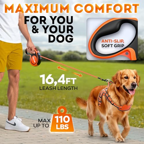 Retractable Dog Leash 18.2 ft – Chew Proof Cable Included – 360° Tangle-Free Design – Heavy Duty Reflective Leash – Soft Anti-Slip Grip Outdoor for Small Medium & Large Dogs up to 110 lbs (Orange) - Image 3