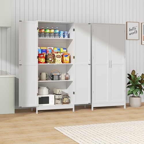 INTERGREAT Pantry Cabinets, Kitchen Storage Cabinets with 2 Door and Adjustable Shelves, White Kitchen Pantry Cabinet, Freestanding Cupboard for Dining Room, Living Room, Bathroom