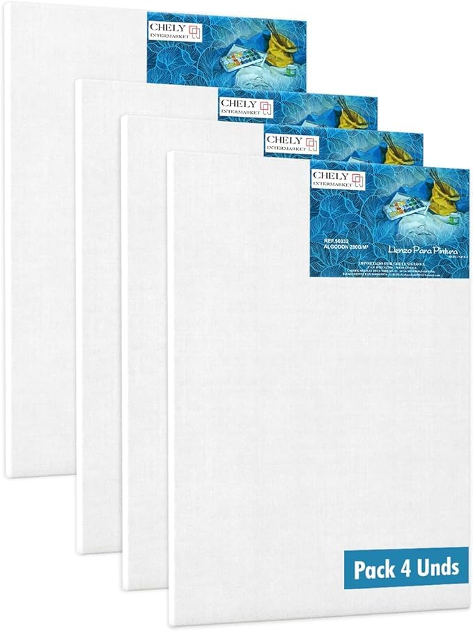CHELY INTERMARKET MOD560 Lienzos Para Pintar 60X120 CM Pack 4 Unidades Bastidor Madera 16 MM Algodón Blanco Preimprimado Profesional Para Acrílico Óleo Manualidades Bellas Artes Artistas Aficionados