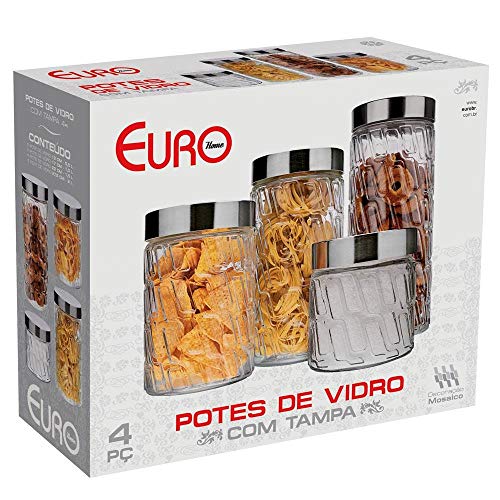 Cj. De Potes De Vidro Com Tampa Inox Mosaico 4 Pc. Euro Transparente No Voltagev