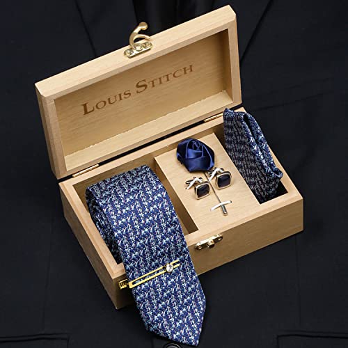 Image of LOUIS STITCH Mens Silk NeckTie Golden Tiepin Gift Combo Set With Pocket Square Cufflinks Brooch Tie Golden Tiepin (Suit Accessories) (Britain)