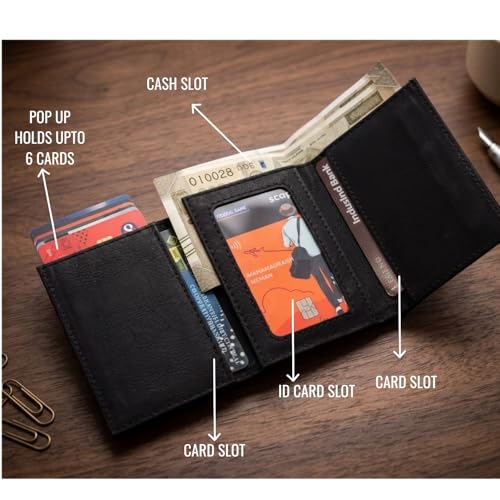 Image of Slim Leather Card Holder Wallet, Black, RFID Blocking, Zipper Pocket, Pop-Up Card Ejector
