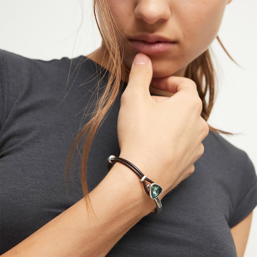 UNOde50 Sterling Silver-Plated Leather Bracelet with Green Faceted Crystal, Rigid Design, SER CAMALEONICA3