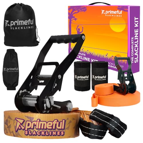 Primeful® Slackline Set 18,5m - Premium Komplettset mit Hilfsseil, Ratsche, Baumschutz & Tasche - TÜV-geprüft bis 150kg - Balance Training für Kinder, Anfänger & Erwachsene - Outdoor Fitness Geschenk Primeful® Slackline Set 18,5m - Premium Komplettset mit Hilfsseil, Ratsche, Baumschutz & Tasche - TÜV-geprüft bis 150kg - Balance Training für Kinder, Anfänger & Erwachsene - Outdoor Fitness Geschenk