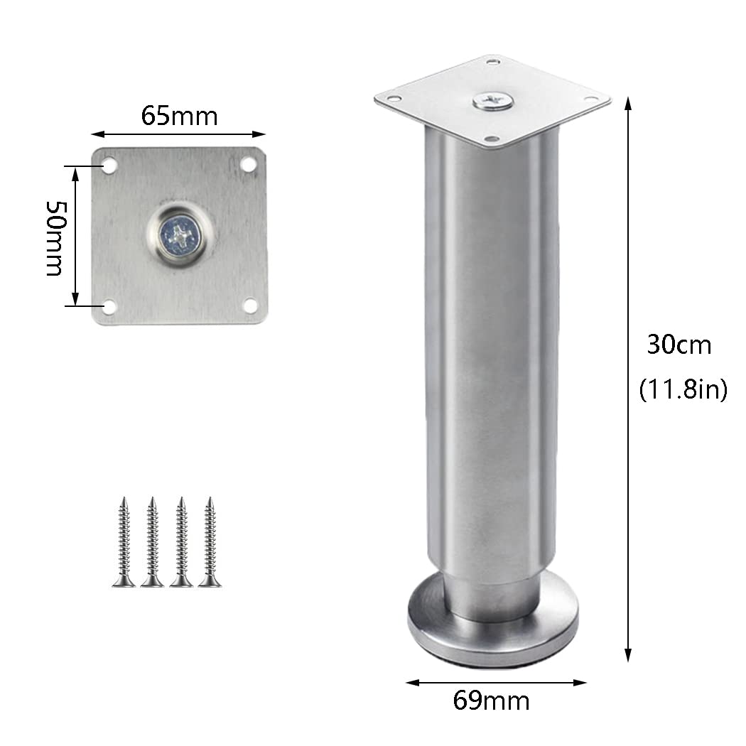 Zestaw 4 regulowanych nóżek meblowych ze stali nierdzewnej 30 cm (11,8"), idealne do sof, stołu, biurka, szafki i łóżka. Metalowe nóżki wsporcze z wykończeniem PLA
