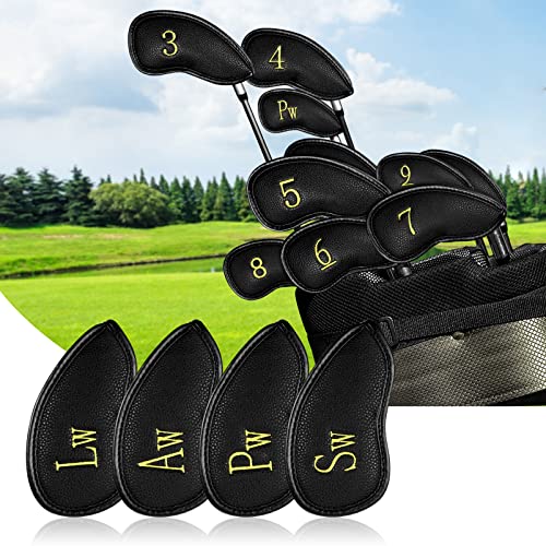CLISPEED 11pcs Golf Iron Head Covers Double-Sided Printing Golf Club Head Covers PU Leather Golf Covers Iron Wedge Headcovers Golf Accessories for Sports Fans Black