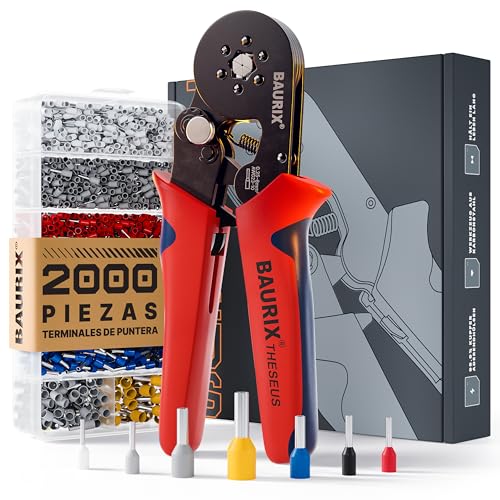 BAURIX® Crimpadora Terminales Eléctricos hexagonal - Kit de 2000 punteras electricas - [0,25-6mm²] - Crimpadora Terminales autoajustables - Alicates Terminales Electricos