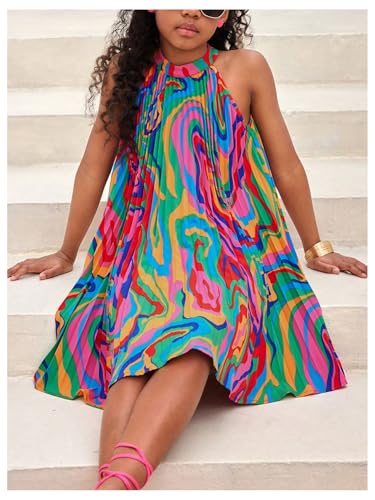 Girl's Graphic Halter Dress Summer Flowy Vacation Sleeveless Pleated Short Dresses4