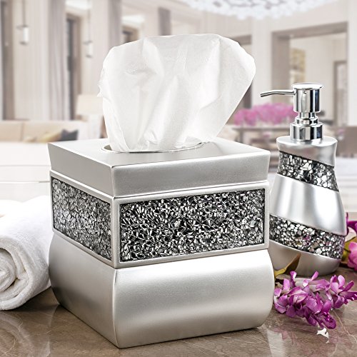 Image of Crackled Glass Silver Square Resin Tissue Box Cover with Bottom Slider