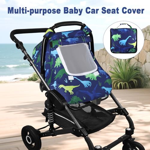 Image of Windproof Baby Car Seat Cover, 3D Mink Dot Infant Car Seat Canopy with Breathable Mesh Window, Baby Carrier Cover for All Seasons, Easy Access Carseat Carrie Snug Fit Stroller, (Dinosaur)