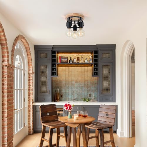 Image of 3-Light Round Flush Mount Ceiling Light,Rustic Ceiling Track Lighting with Wooden Base, Adjustable Multi-Directional Kitchen Light fixtures for Dining Room Hallway Entryway Bedroom.