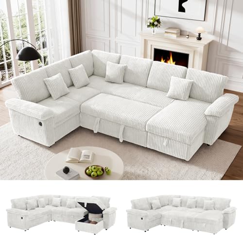 Image of Sectional Sleeper Sofa with Pull Out Bed and Storage Chaise, Fluffy Soft Corduroy Fabric, Modern Comfy U Shaped Couch with USB Charger for Living Room Apartment Small Spaces, Beige White