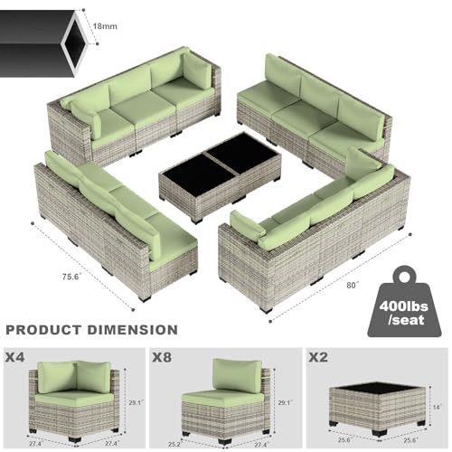 Image of Outdoor PE Wicker Rattan Modular Patio Sectional Sofa Set | 14-Piece: 12 Modular Seats & 2 Coffee Tables, Light Green
