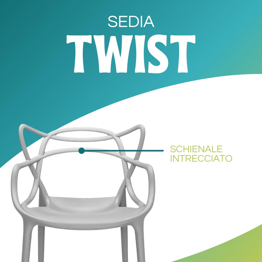 PALUPLUS 6 Sedie da Giardino Modello Twist con Schienale Intrecciato, Misura 53x52x81 cm, Sedie in Polipropilene con Seduta Ergonomica, Design Moderno, per Interno ed Esterno (Grigio Chiaro)