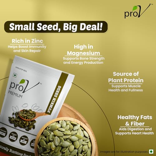 Image of ProV Premium Pumpkin Seeds 250g, High Protein, Source of Fiber, No Cholesterol, No Trans Fat, No Added Sugar, Kaddu Beej, Unroasted Seeds, Healthy Diet Snack, Resealable Pouch, Seeds for Eating