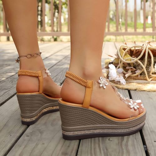 Sandales plateforme talon compensé avec bride cheville décorée strass chic