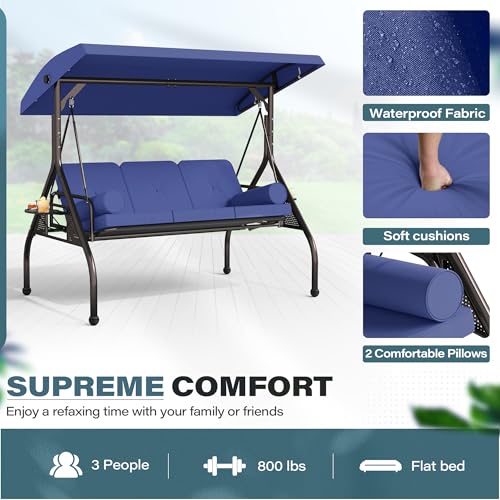 Image of SUNCROWN Outdoor 3 in 1 Porch Swing Chair, 3 Seat Patio Swing Glider with Adjustable Canopy, Heavy Duty Swings with Thickened Cushions, Pillows & Cup Holders for Backyard, Porch, Garden,Dark Blue